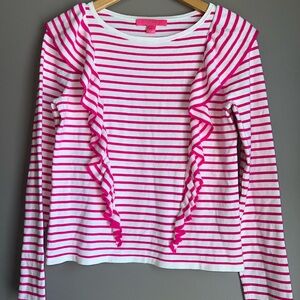 Lilly Pulitzer Pink and White Knit Striped Long Sleeve Top w Ruffles Small